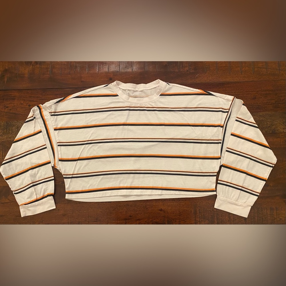 ROMWE, Striped Drop Shoulder Tee, White, Crop Top, Size M, Long Sleeve